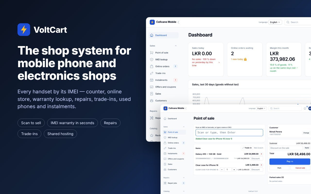 VoltCart — Mobile Phone & Electronics Shop System (POS, IMEI, Repairs, Online Store)